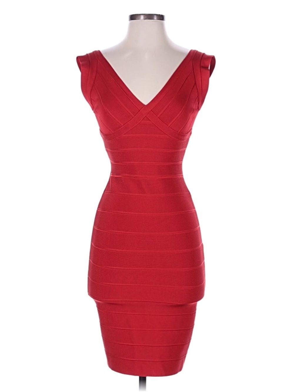 Herve Leger Red V-Neck Bandage Midi Dress